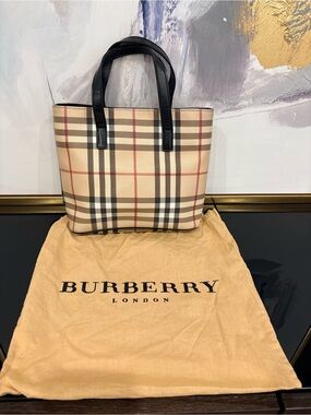 Vintage Burberry Beige Check Mini Tote with Black Leather Handles
